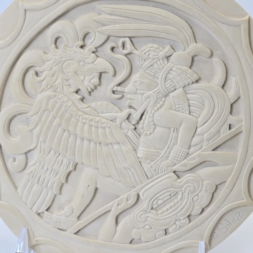 Vintage G. Silva Mayan Aztec Relief Wall Plaque Cast‎ Stone Chalkware Art 6.5